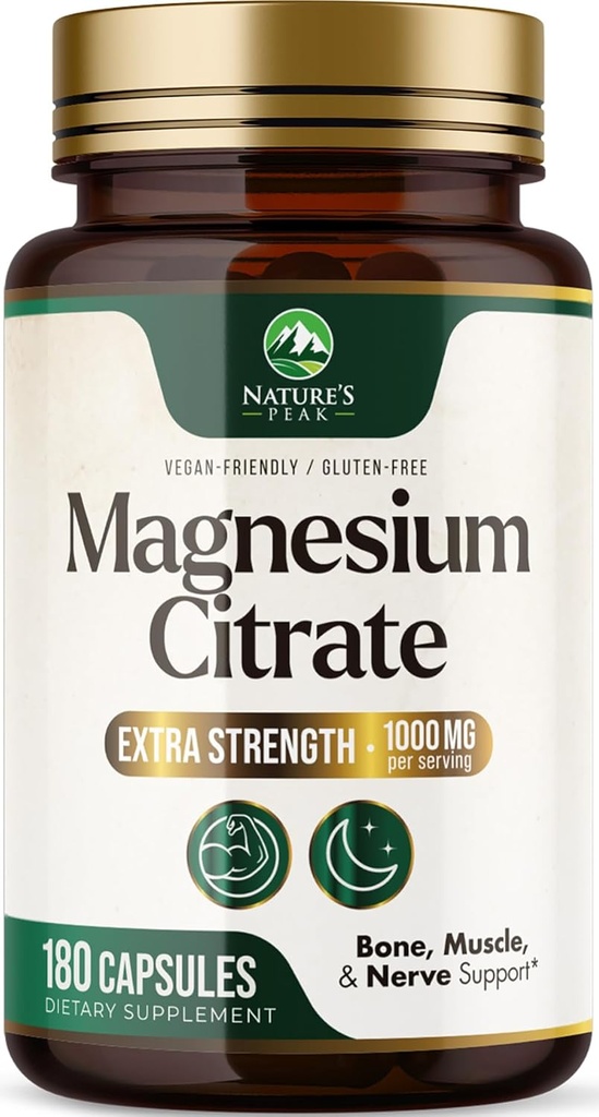 Citrate de magnésium 1000mg - Supplément de magnésium à haute absorption soutient la santé musculaire, osseuse, nerveuse et cardiaque - pilules complexes Magnesio de force supplémentaire - non-OGM, formule énergétique Premium - 180 capsules