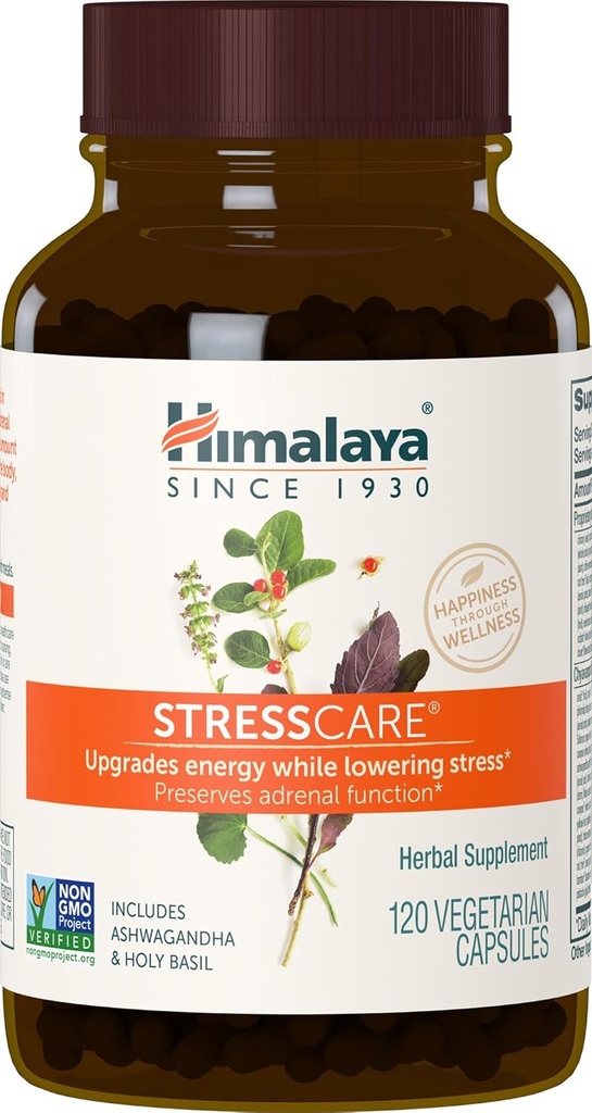 Himalaya StressCare, 30 jours d'approvisionnement - Herbal Adrénal Support pour calmer la relaxation, le stress, le soutien énergétique et l'insomnie occasionnelle - végétalien, non-OGM, sans gluten, 120 capsules