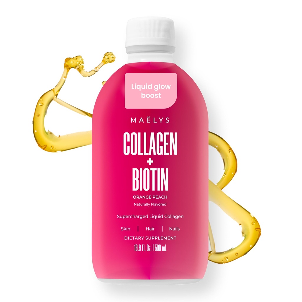 MAËLYS Collagène liquide Super Charged pour femmes - Supplément de peptides de collagène avec biotine pour cheveux, peau et ongles - Peptides de collagène hydrolysé liquide