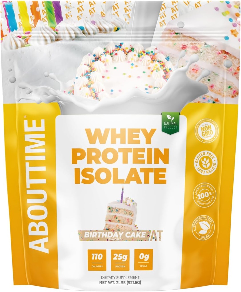 Au sujet du temps Whey Protéine Isolé en poudre 25g Cake d'anniversaire, ingrédients naturels, non-OGM, sans gluten, sans lactose, sucre zéro, faible teneur en glucides, 32 portions