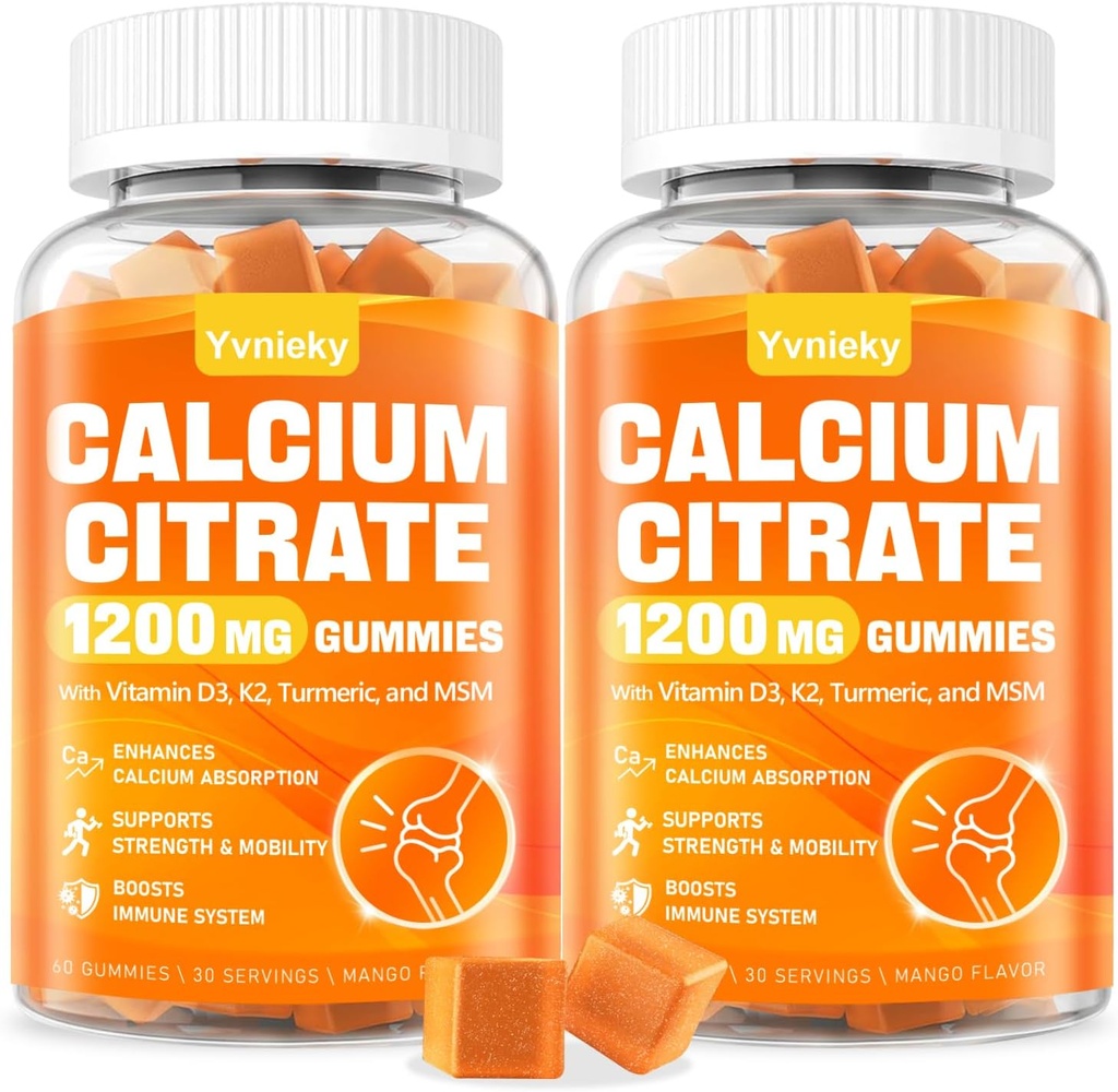 Calcium 1200 mg avec supplément de vitamine D3 Gummies pour les adultes - Citrate de calcium avec vitamine D3, K2, Turmeric, MSM pour les femmes hommes - Soutien musculaire Immune - sans sucre, saveur de mangue naturelle
