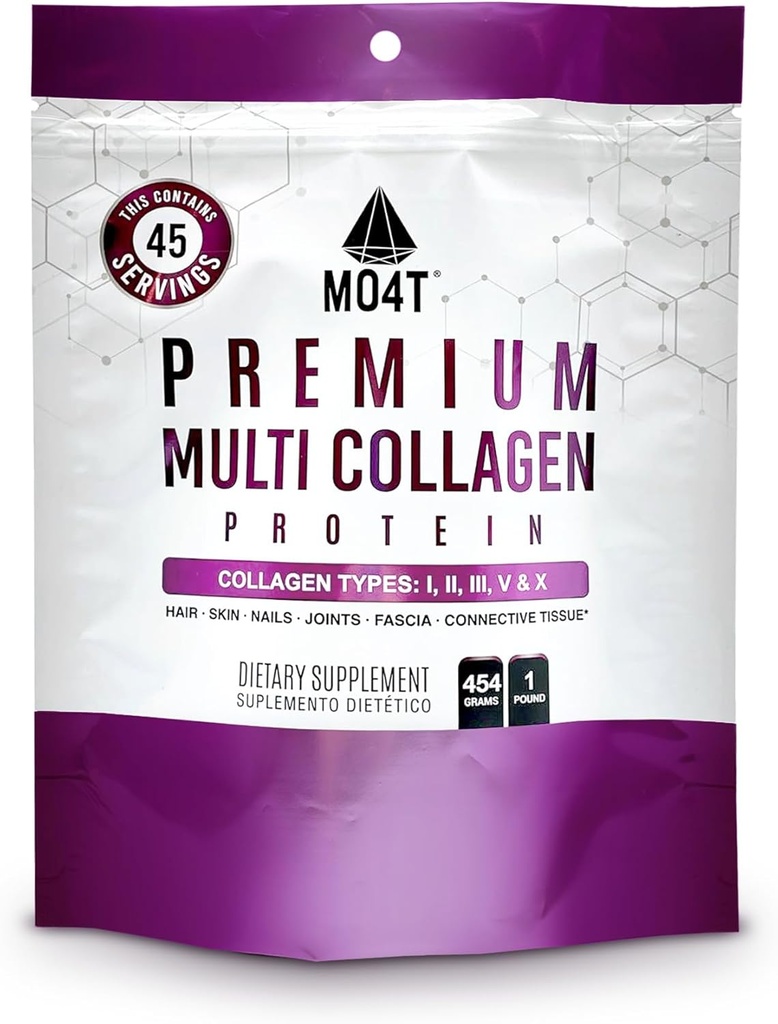 MO4T Hydrolysed Multi Collagen Powder -Collagen Protein- Collagen Peptides-Type 1,2,3,5,10 - Sans sucre, (1 livre) Cheveux, peau et ongles, Paléo & Keto, Non-OGM