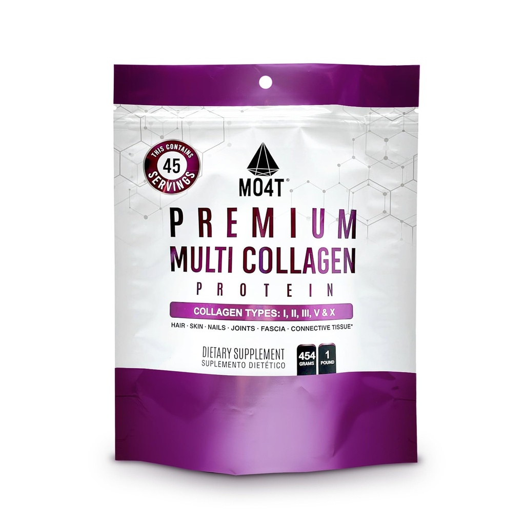 MO4T Hydrolysed Multi Collagen Powder -Collagen Protein- Collagen Peptides-Type 1,2,3,5,10 - Sans sucre, (1 livre) Cheveux, peau et ongles, Paléo & Keto, Non-OGM