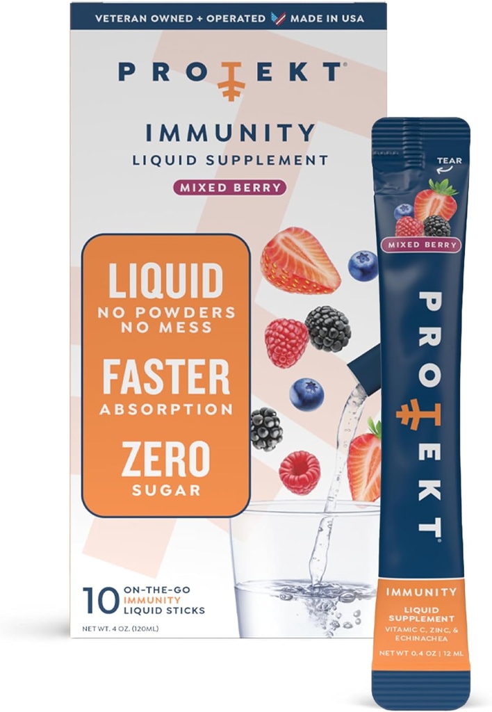 PROTEKT Liquid Immmune Support Supplément - Liquid Drink Mix, Immunity Supplément, Immune Boosters pour adultes, sans sucre avec vitamine C et Zinc Immunity Support - Mixed Berry 10ct