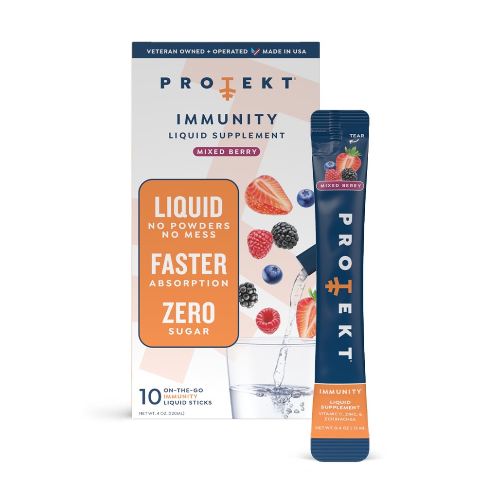 PROTEKT Liquid Immmune Support Supplément - Liquid Drink Mix, Immunity Supplément, Immune Boosters pour adultes, sans sucre avec vitamine C et Zinc Immunity Support - Mixed Berry 10ct