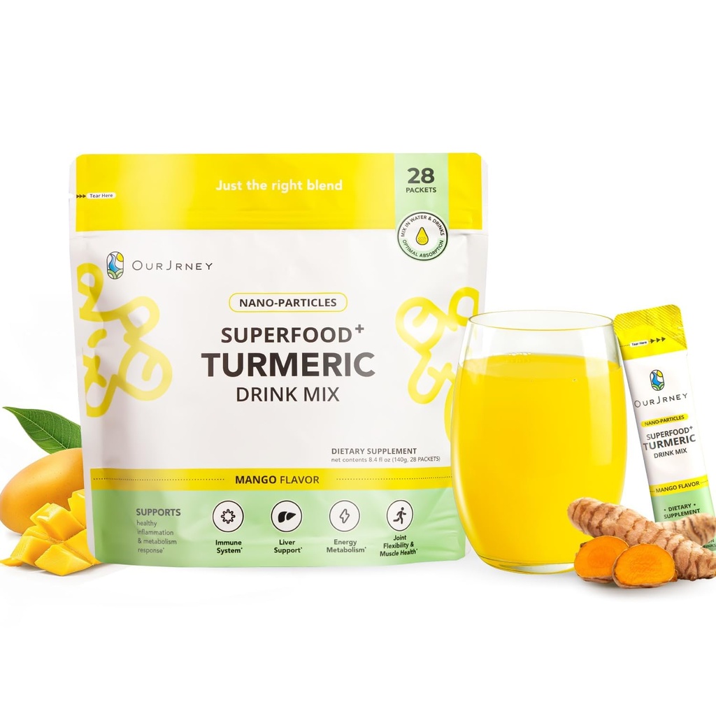 Nano Turmeric Curcumin Poudre de boisson, Jus d'or pour le bien-être et l'immunité, Pas de goût curcuma, Ajouter aux smoothies/eau routine matinale quotidienne–35X Absorption–Mango Flavor–Supplément de soutien conjoint