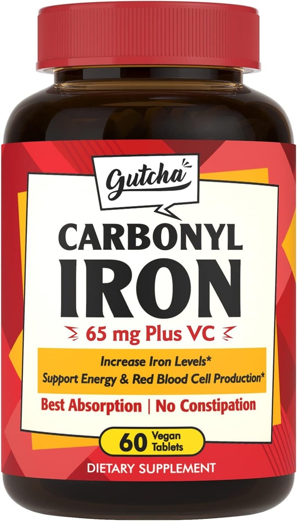 Supplément en fer, 65 mg de carbonyle Iron Plus Vitamine C, énergie et soutien du sang pour les femmes et les hommes, meilleure absorption, douceur sur l'estomac, pas de nausée, pas de constipation, végétalien, non-OGM, 60 Ct