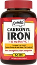 Supplément en fer, 65 mg de carbonyle Iron Plus Vitamine C, énergie et soutien du sang pour les femmes et les hommes, meilleure absorption, douceur sur l'estomac, pas de nausée, pas de constipation, végétalien, non-OGM, 60 Ct