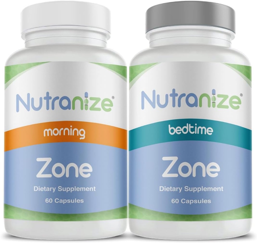 Nutranize Zone Twin-Pack Supplement System - Capsules du matin et du coucher conçues par les pharmaciens avec du glycinate de magnésium, vitamine D3, K2 MK7, méthylfolate, chrome, mélatonine - 30 jours d'approvisionnement (120 Nombre)