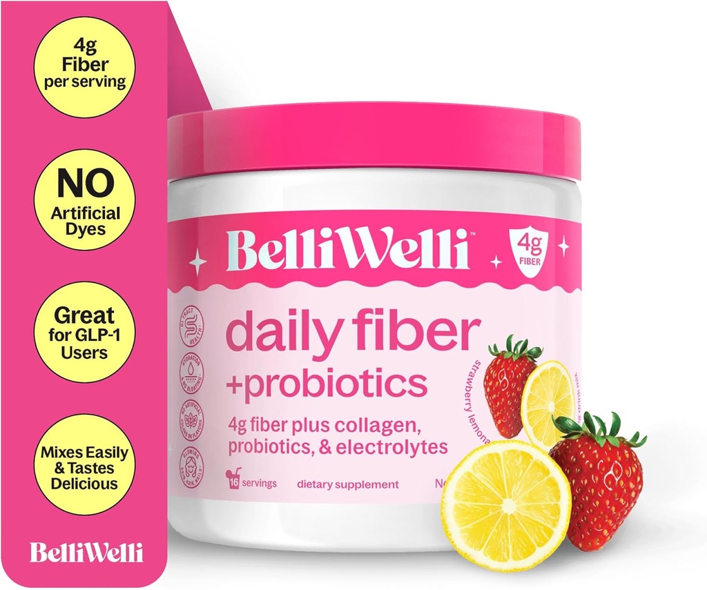 Belli Welli Supplément de fibre pour les femmes et les hommes, poudre de fibre quotidienne premium de l'acacia biologique avec collagène ajouté, électrolytes et probiotiques, sans bloat, constipation et soutien de la santé Gut (Lémonade de Strawberry)