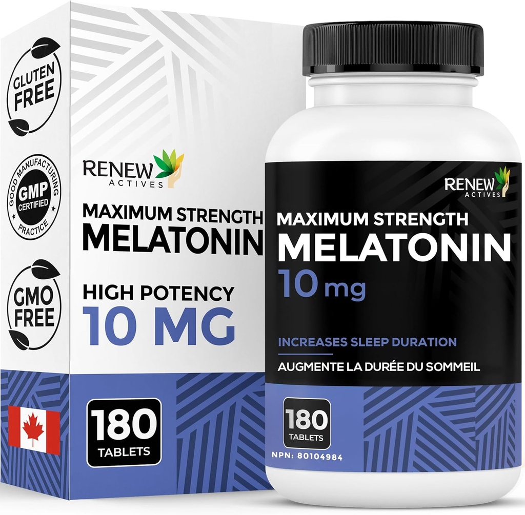 Renouveler les actifs Melatonin 10mg par service – Promotion d'une gestion du sommeil plus profonde, plus longue et idéale, Jet Lag et réinitialiser votre cycle de sommeil - Fabriqué au Canada - 180 comprimés