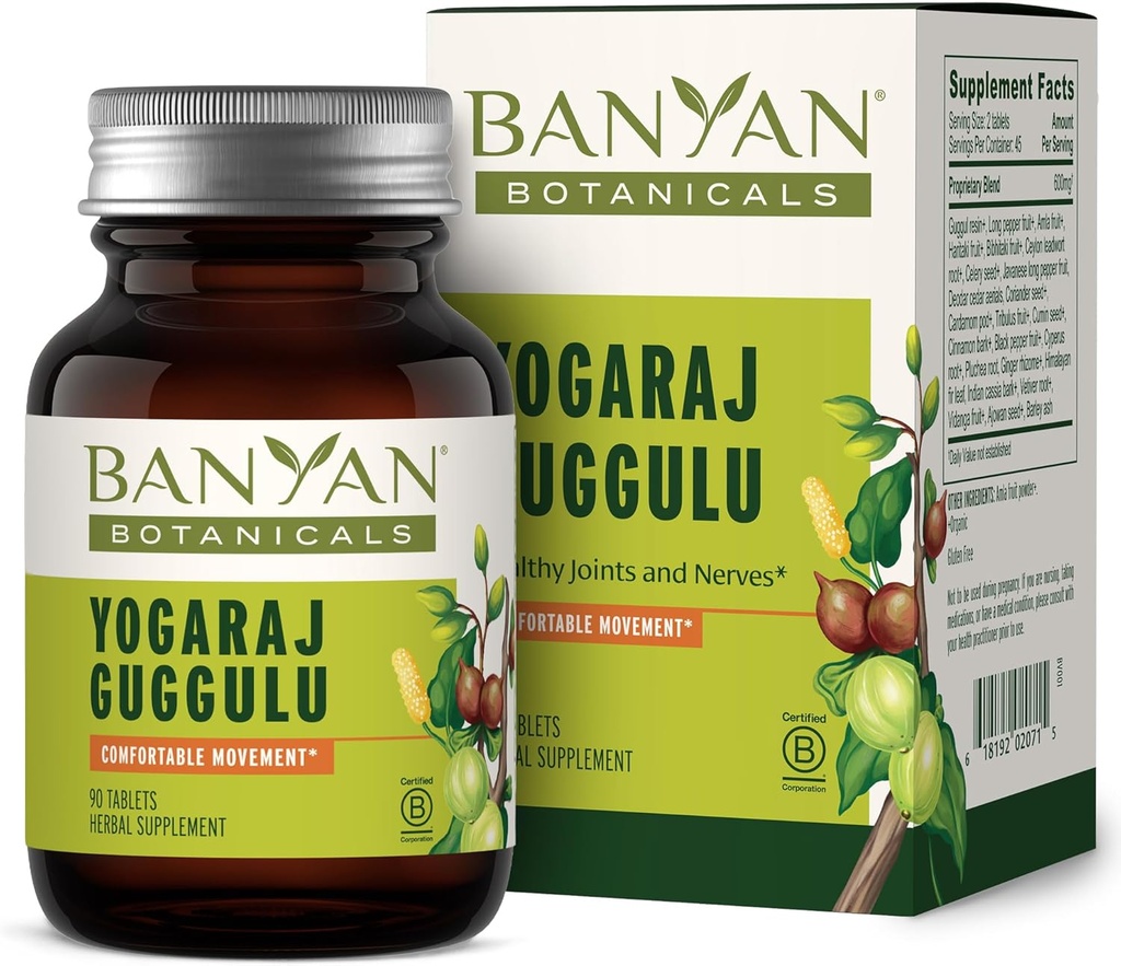 Banyan Botanicals Yogaraj Guggulu – Supplément de soutien organique à l'articulation – Mélange ayurvédique pour soutenir les systèmes squelettiques et neuromusculaires* – 90 comprimés – non OGM, source durable, végétalien