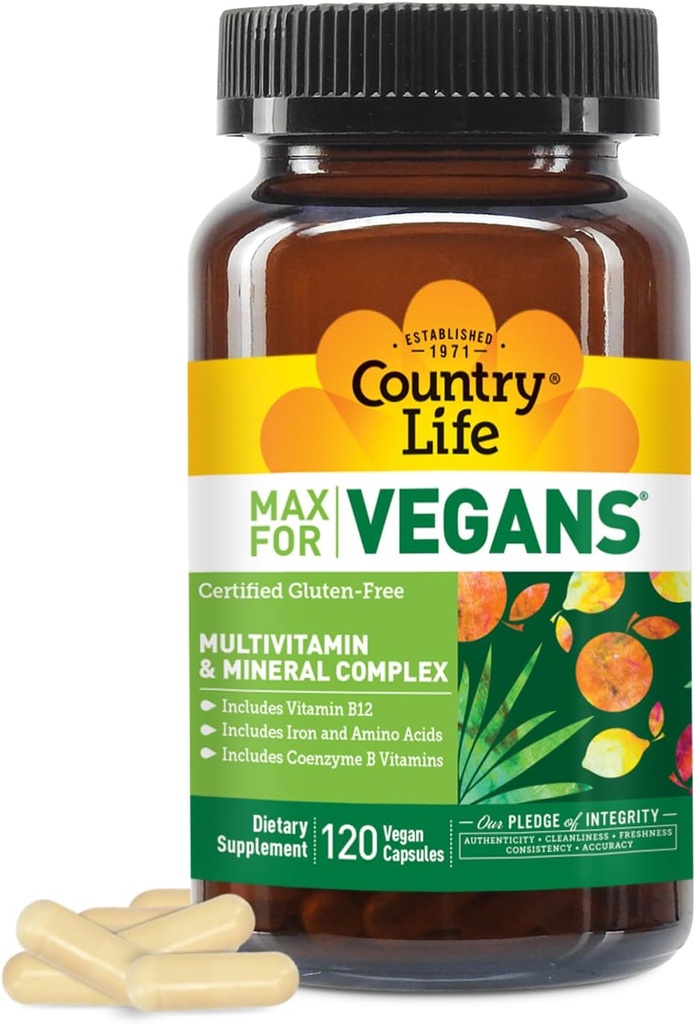 Country Life Max pour les végétaliens - 120 capsules de végétalien - Multivitamines quotidiennes - Supplément de soutien immunitaire - contient de la vitamine B12, fer, acides aminés, coenzyme B vitamines - sans gluten