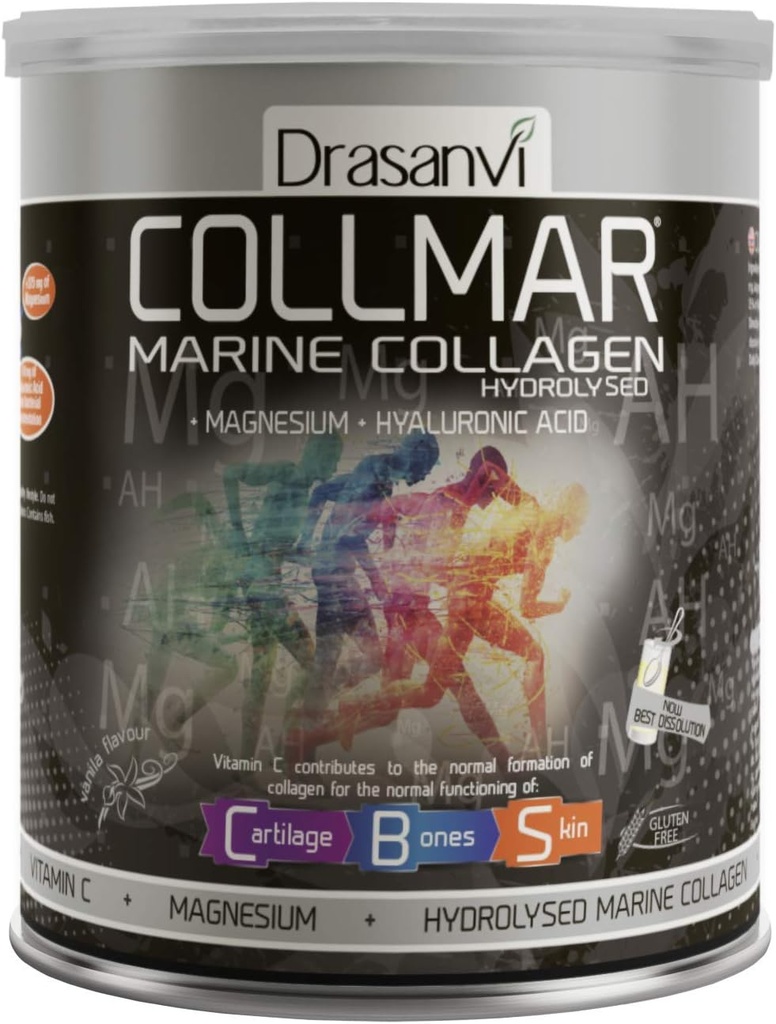 Drasanvi Collmar Collagène marin hydrolysé avec poudre de magnésium 300g / 10.58once / Vanilla Flavor - pour un cartilage et des os sains de la peau - aide à minimiser la fatigue et la fatigue