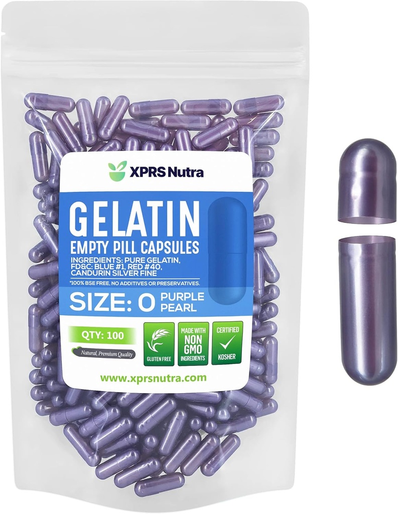 XPRS Nutra Taille 0 Capsules vides - 100 Compte Capsules de gélatine vides - Pills pour le remplissage de la gélule de bricolage - Pure Pill Gel Caps pour Do-It-Youlf Suppléments (Pearl Purple)
