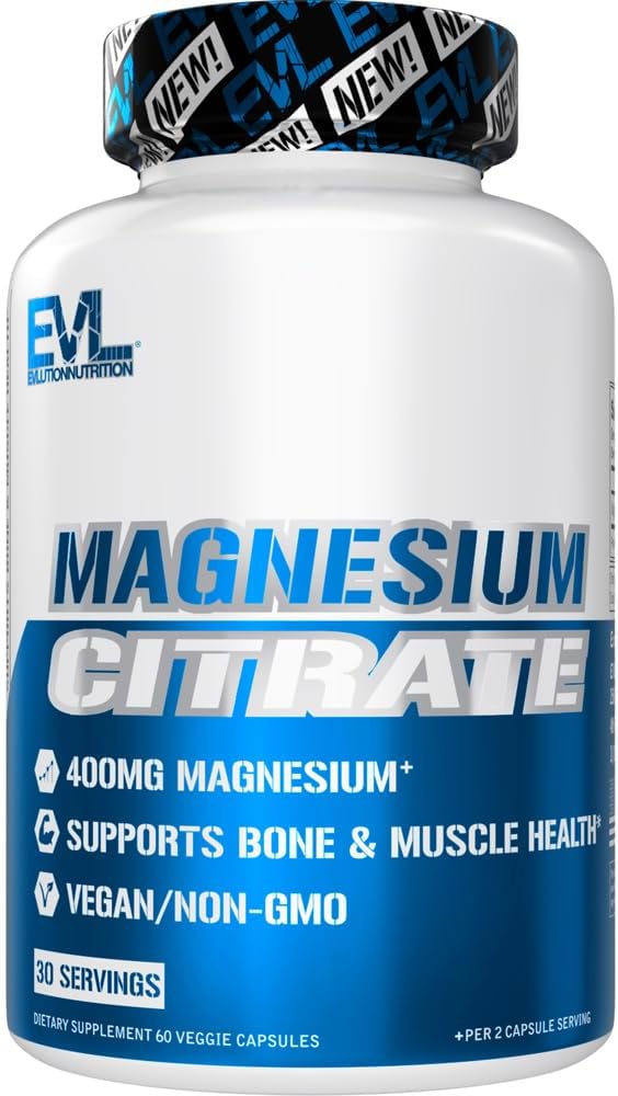 EVL Citrate de magnésium Capsules 400mg - Supplément de santé musculaire et osseuse avec Citrate de magnésium pur pour la relaxation musculaire et la force osseuse - 60 Capsules Veggie pour la santé