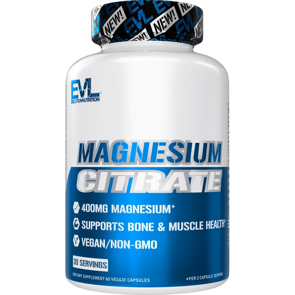 EVL Citrate de magnésium Capsules 400mg - Supplément de santé musculaire et osseuse avec Citrate de magnésium pur pour la relaxation musculaire et la force osseuse - 60 Capsules Veggie pour la santé