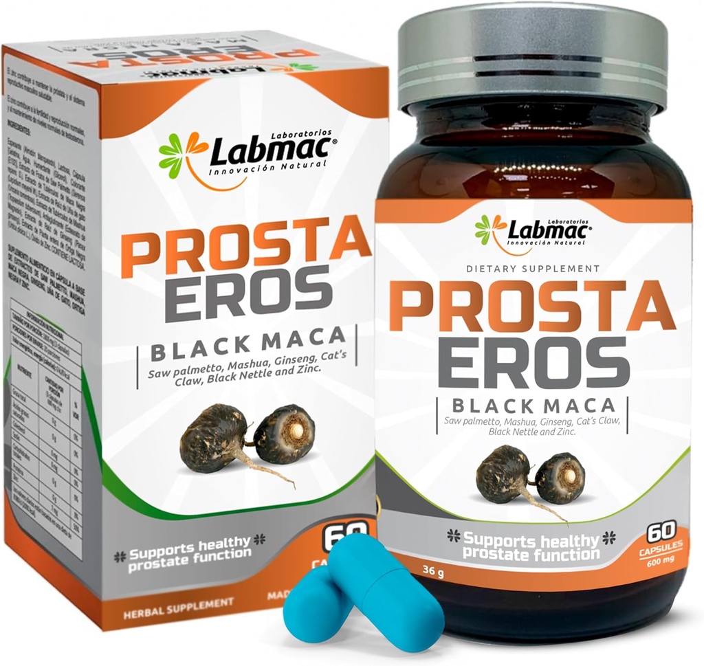 ProstaEros- Supplément de soutien à la prostate - 7 ingrédients naturels- Black Maca, Saw Palmetto, Mashua, Cat's Claw, Gingseg, Black Nettle et Zinc. Capsules 60 Compte (paquet de 1)