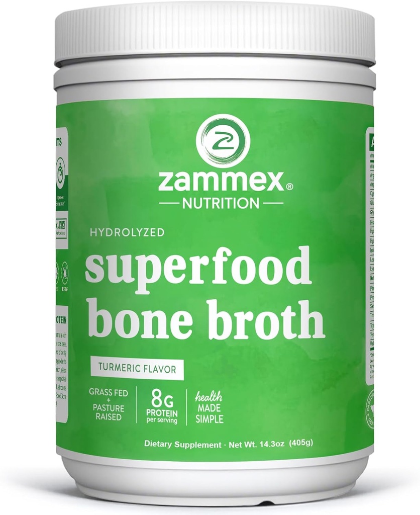 Zammax Bone Broth Plus poudre de protéines super-alimentaires (arôme de curcuma), 8g de protéines hydrolysées avec vitamine D, pour peau saine, ongles, cheveux, articulations et digestion, non-OGM (30 portions)