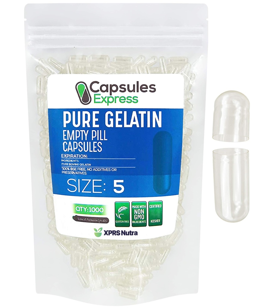 XPRS Nutra Taille 5 Capsules vides - 5000 Compter Capsules de gélatine vides très petites - Pills Bricolage Capsule Remplissage - Gel de pilules rechargeables pour Do-It-Youlf Vitamine Suppléments