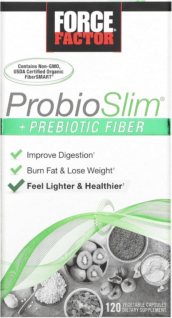 Facteur de force ProbioSlim + supplément de perte de poids de fibre prébiotique pour les femmes et les hommes, probiotique et prébiotique soutien de la santé digestive avec extrait de thé vert et fibre de musc de Psyllium, 120 capsules