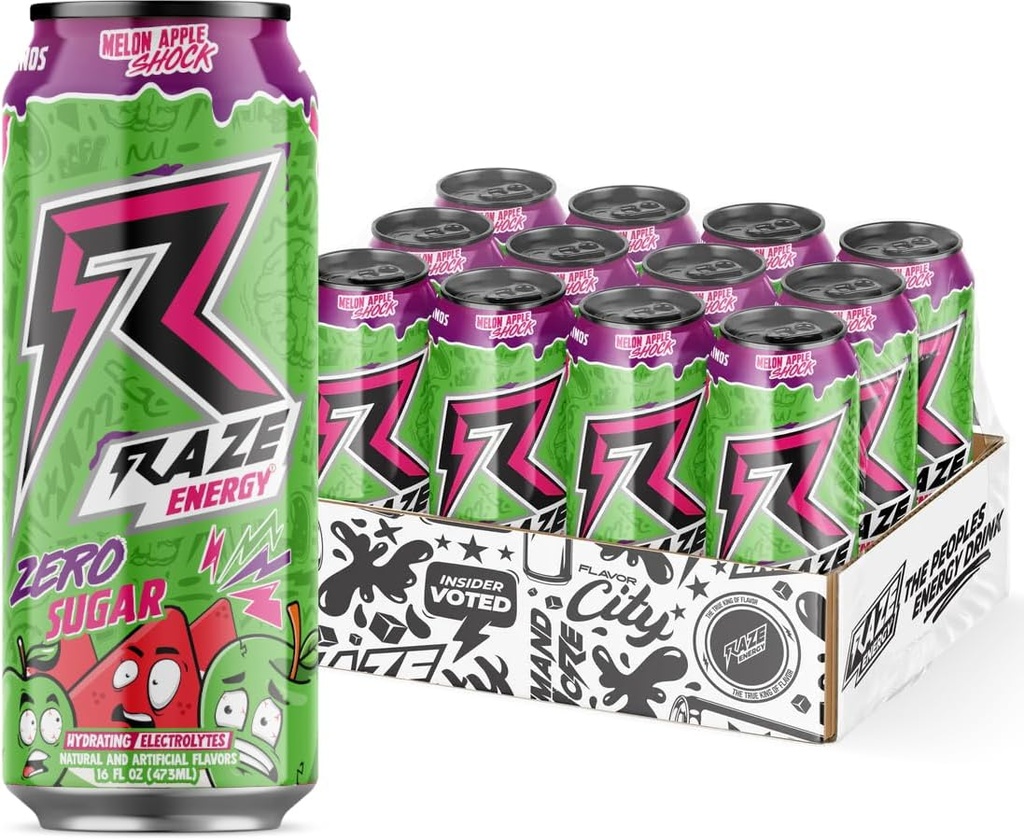 RAZE Zero Sugar Energy Drink, 300mg Caféine, Zero Calories, Performance et Hydratation, Premier choix de boissons sans sucre pour l'énergie soutenue et Focus (Melon Apple Shock 12 Pack)