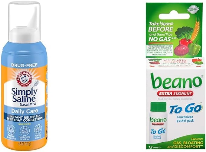 Arm & Hammer Saline Spray Nasal 4.5oz & beano to Go Comprimés de dégazage 12 Compte