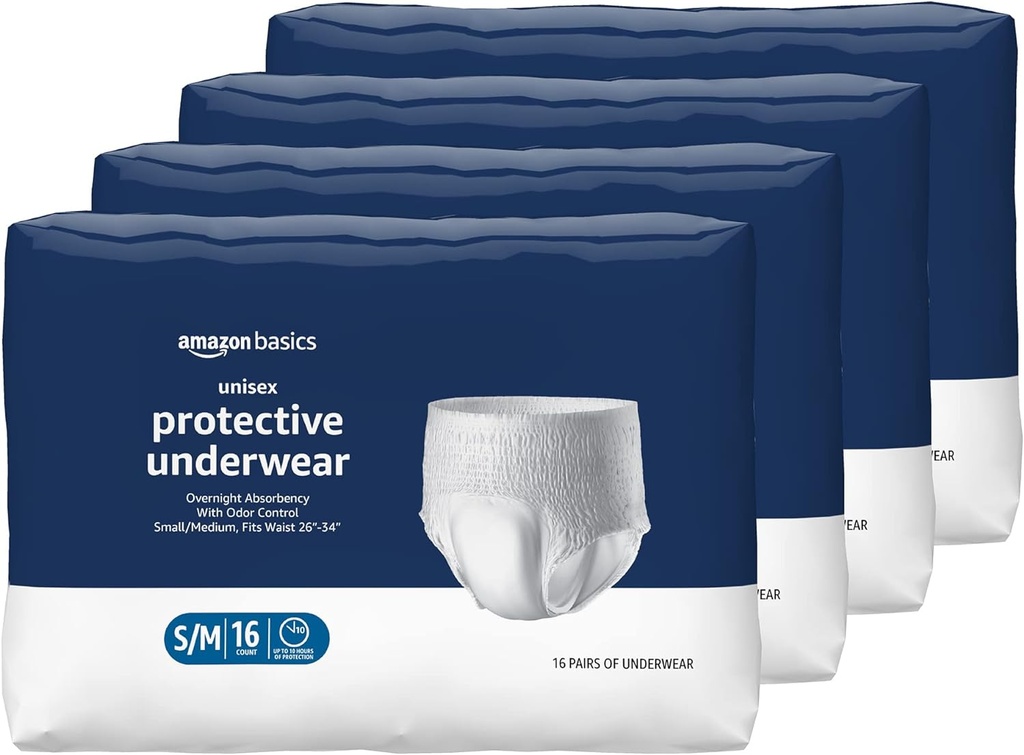 Bases Sous-vêtements de protection unisexe, Absorbance nocturne, Petit/Moyen, 64 Compte, (4 paquets de 16)