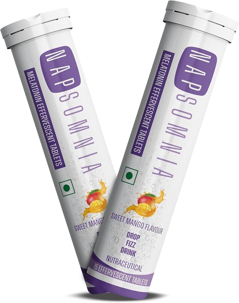 Comprimés effervescents de mélatonine (Mango sucré, 30 comtes) – Capsules de mélatonine dissolvables avec L-Theanine, Camomile, et plus - Supplément d'aide au sommeil pour adultes - Vegan, Supplément de mélatonine non OGM