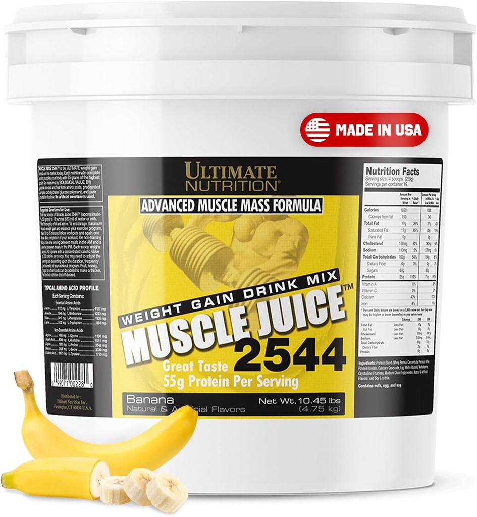 Ultimate Nutrition Jus musculaire, Mélange de boisson gain de poids - Poudre d'entraînement gain de masse pour les hommes et les femmes - Supplément pour la croissance musculaire maigre et le soutien immunitaire avec 55g de protéines - Banana, 10.45lb