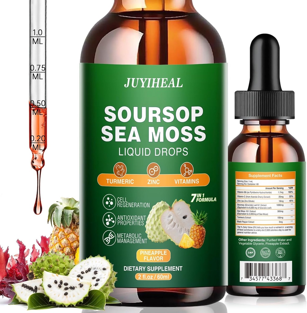 7-en-1 Soursop Bitters Liquid, Soursop Oil with Sea Moss & Turmeric & Vitamino for Immune & Digestive & Cell Support, sans sucre, sans OGM