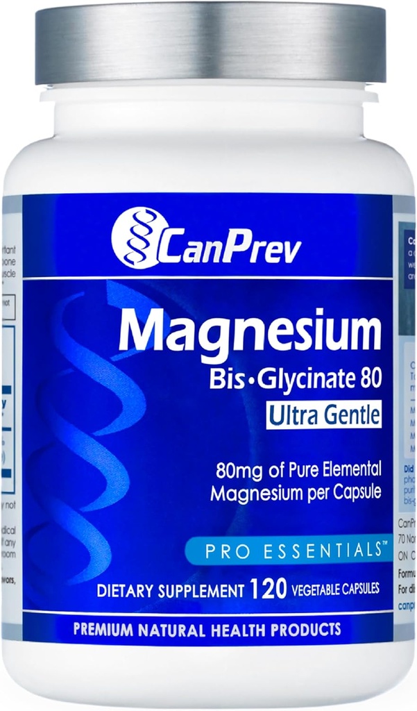 CanPrev Magnésium Biglycinate Chélaté 80mg Ultra doux 120 V-Caps 120-Jour d'approvisionnement - Soutien Fonction musculaire, force osseuse et relaxation, formule de bisglycinate de magnésium pur, promouvoir le confort et l'équilibre