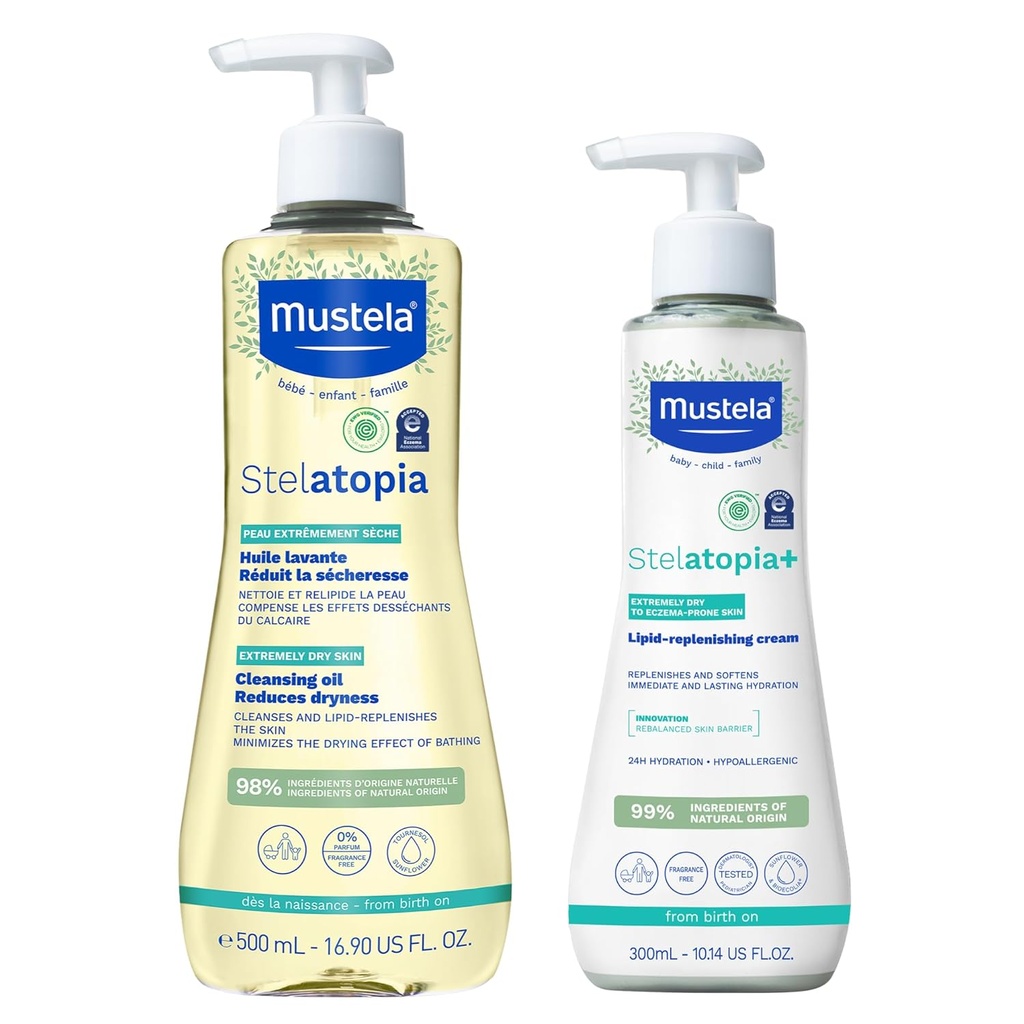 Mustela Stelatopia Eczema-Prone Skin Bath Time Gift Set - Essentiels de soins de la peau de la famille - Huile d'avocat et de tournesol naturel - EWG Vérifié - 2 Items Set - Stelatopia Cleansing Oil and Stelatopia+ Cream