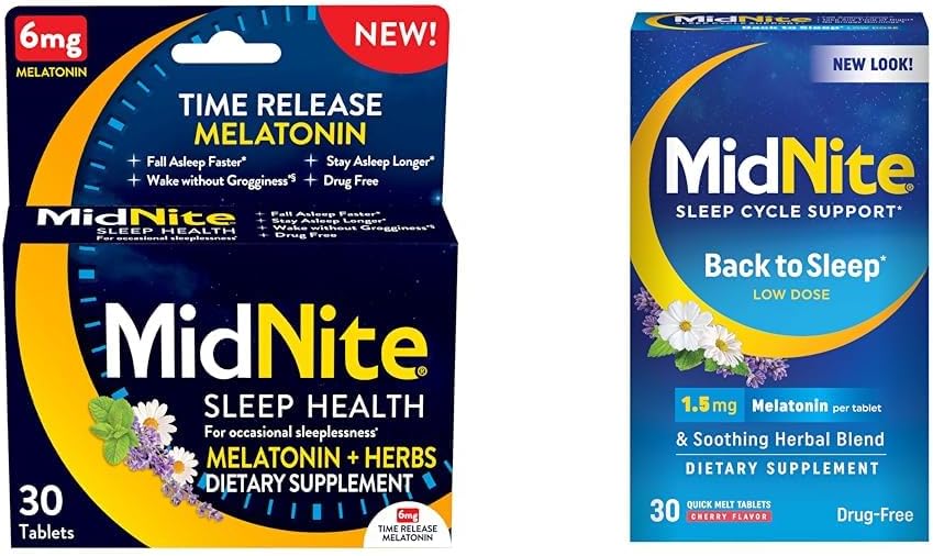 MidNite Sortie 6mg Melatonin 30 comprimés et retour au sommeil 1,5mg Melatonin 30 comprimés à mâcher aromatisés au cerise