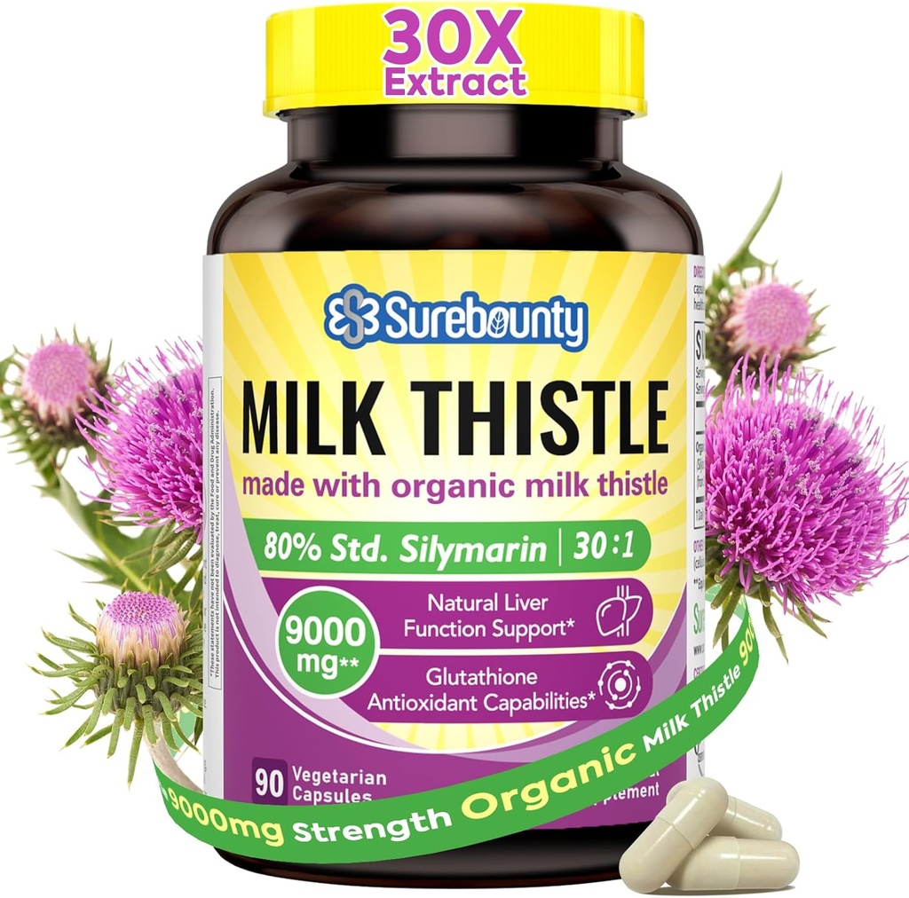 Thistle de lait biologique, 9000 mg équivalent, 30X Extrait concentré de graines, 80% Silymarin, soutien du foie Nettoyer la détox, suppléments gras du foie, non-OGM, sans gluten et soja, 90 capsules de légumes, 3 mois d'approvisionnement