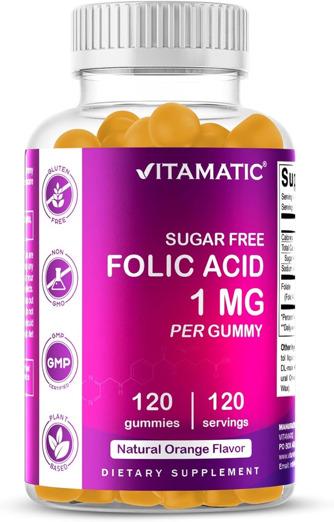 Gummées d'acide folique vitamatique 1000 mcg (1 mg) - Vitamines prénatales essentielles pour maman et bébé - Vitamine B9-120 Gummées végétales (1)