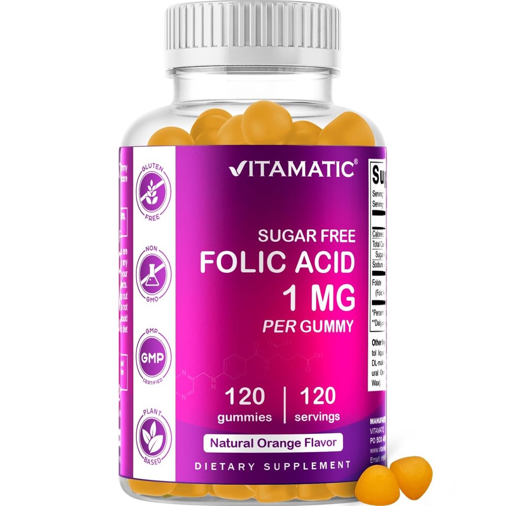 Gummées d'acide folique vitamatique 1000 mcg (1 mg) - Vitamines prénatales essentielles pour maman et bébé - Vitamine B9-120 Gummées végétales (1)