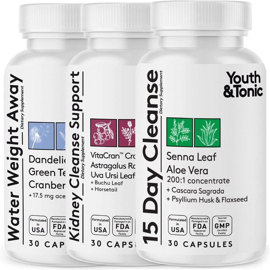 Youth & Tonic Complete Multi-Organ Detox Support – 15 jours Colon Cleanser & Gut Detox, Nettoyage des reins, Équilibre de l'eau et santé du foie, 90 pilules pour les femmes et les hommes