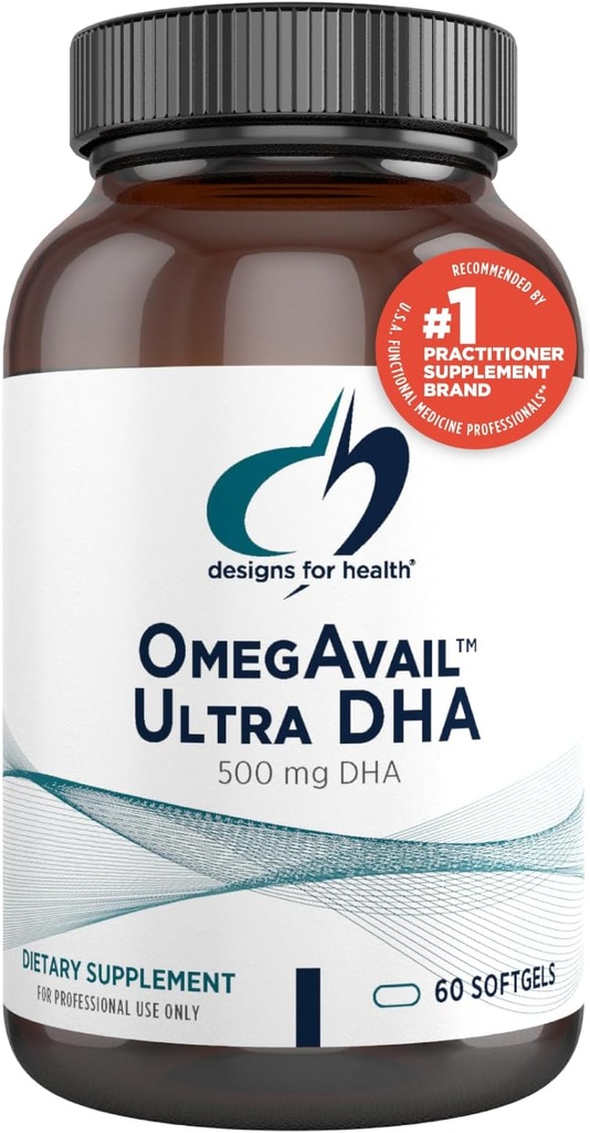 Conceptions pour la santé OmegAvail Ultra DHA - Huile de poisson Triglycéride hautement concentrée DHA, TG Huile de poisson avec 500mg DHA + 100mg EPA - Pas d'arrière-goût de poisson (60 Softgels)