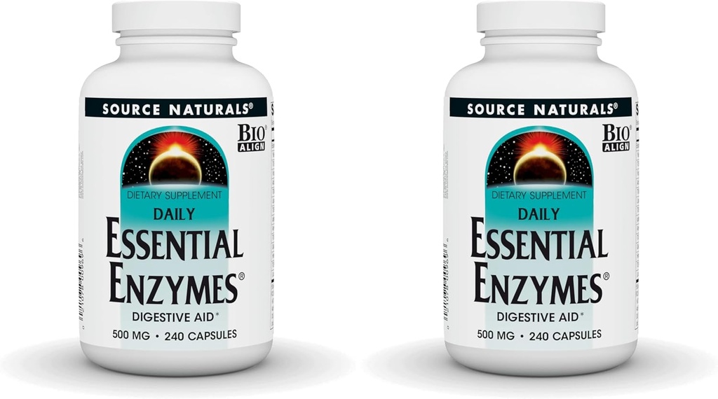 Source Naturals Enzymes essentiels 500mg Bio-aligné Supplément enzymatique multiple Défense à base de plantes pour la digestion, le gaz, la constipation et le dégel - Supports Système immunitaire - 240 Capsules (Pack of 2)