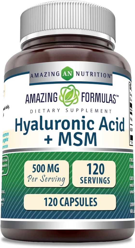 Formules étonnantes Acide hyaluronique et supplément MSM : 500 mg 120 capsules non-OGM :