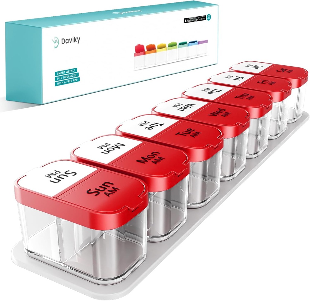 Daviky Extra Large Pill Organisateur 2 fois par jour, Am Pm Pill Organisateur 7 jours, Pill Box 7 jours pour tenir la médecine quotidienne vitamine et suppléments pour les aînés, les patients arthrtiques et les enfants (Rouge)