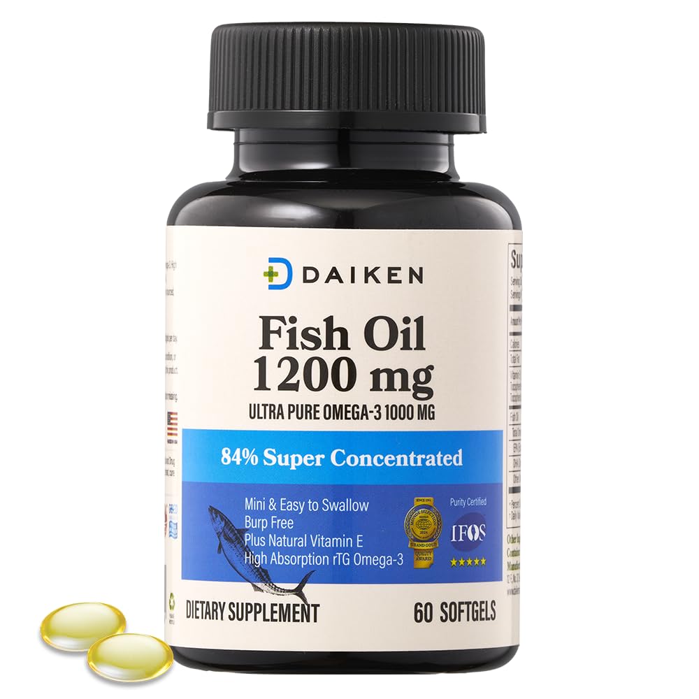 DAIKEN Mini Huile de poisson 1200 mg, rTG Omega 3 1000mg, 60 Softgels, Haute Absorption et Huile de poisson sans Burpless pour le cœur sain, le cerveau et les yeux secs