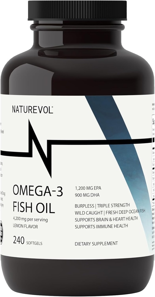 Triple force Omega 3 Huile de poisson 4200mg - Sans Burp, plus de 2200mg d'acides gras Omega 3 1200mg EPA + 900mg DHA.
