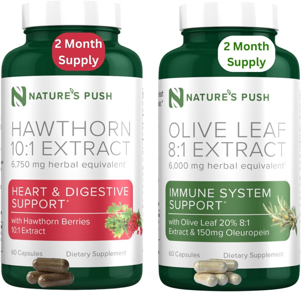 Nature's Push Hawthorn Berry and Olive Leaf Bundle of Super Potent 10:1 Hawthorn Berry Extract (2 Month Supply) and Olive Leaf Super Potent 8:1 Extract 20% Oleuropein 750mg Capsule (2 Month Supply)