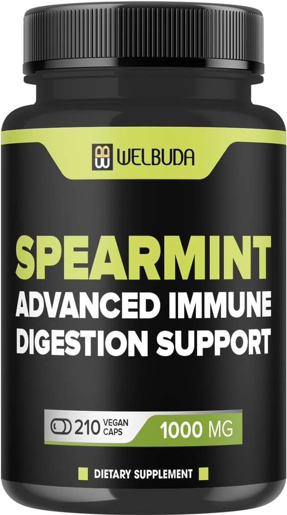 210 Capsules - Spearmint Supplement with Olive Leaf, Ginger Root, Black Pepper & More - Combined Formula for Digestion Health, Respiratory Health, Immunity & Positive Mood Support
