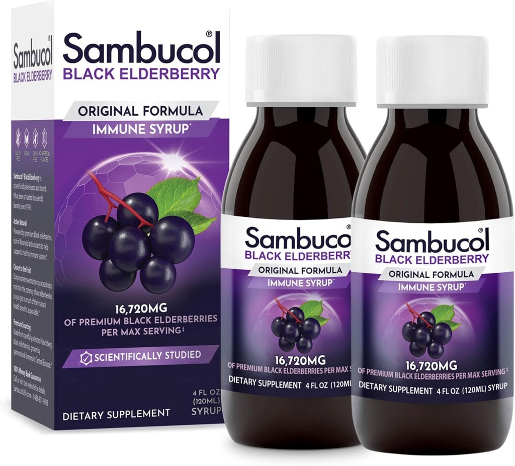 Sambucol Black Elderberry Sirop - Sambucus Elderberry Sirop, Black Elderberry Liquid, Immune Support pour les enfants et les adultes, haute antioxydants, sans gluten - Formule originale, 4 Fl Oz, 2-Pack