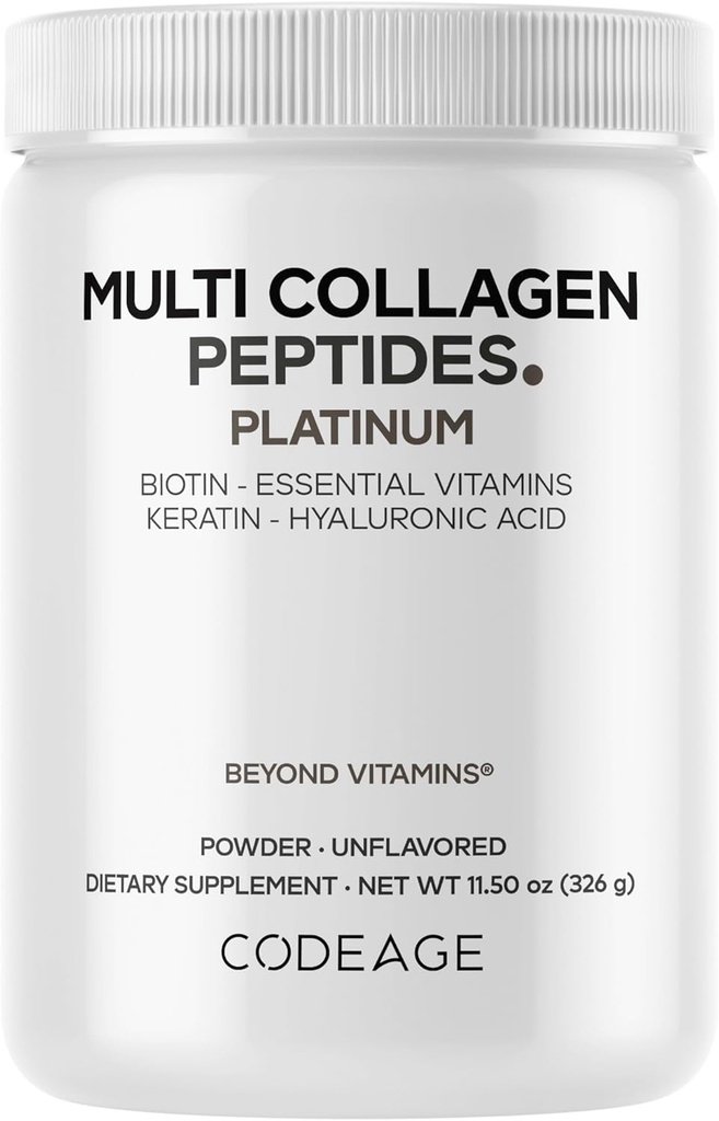 Codeage Multi collagène pour les femmes et les hommes Biotine 10000mcg Kératine, Poudre de protéines Vitamine C B6 D3, Acide hyaluronique, Niacine - Crème à café collagène hydrolysée 5 types - Non aromatisé - Non-OGM - 11,5oz