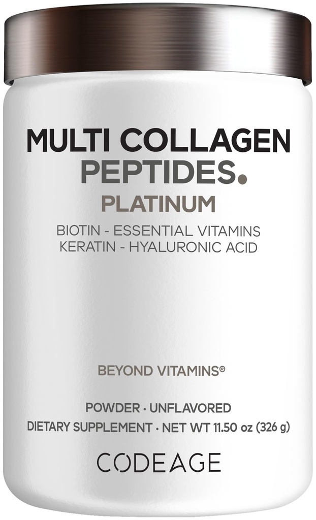 Codeage Multi collagène pour les femmes et les hommes Biotine 10000mcg Kératine, Poudre de protéines Vitamine C B6 D3, Acide hyaluronique, Niacine - Crème à café collagène hydrolysée 5 types - Non aromatisé - Non-OGM - 11,5oz