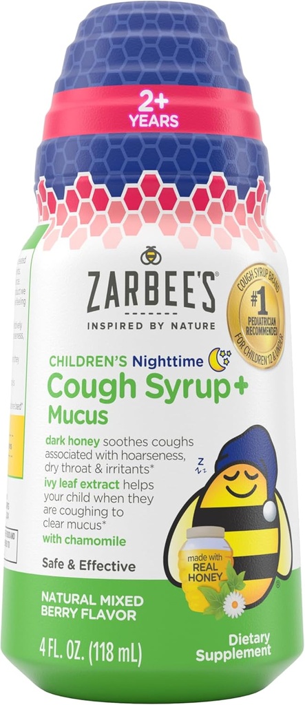 Zarbee's Children's Nighttime Honey Cough Sirop + Mucus for Kids 2+ + Miel foncé, Ivy Leaf, & Calmant Camomile, #1 pédiatre recommandé, sans drogue et sans alcool, Berry mixte, 4 fl. oz